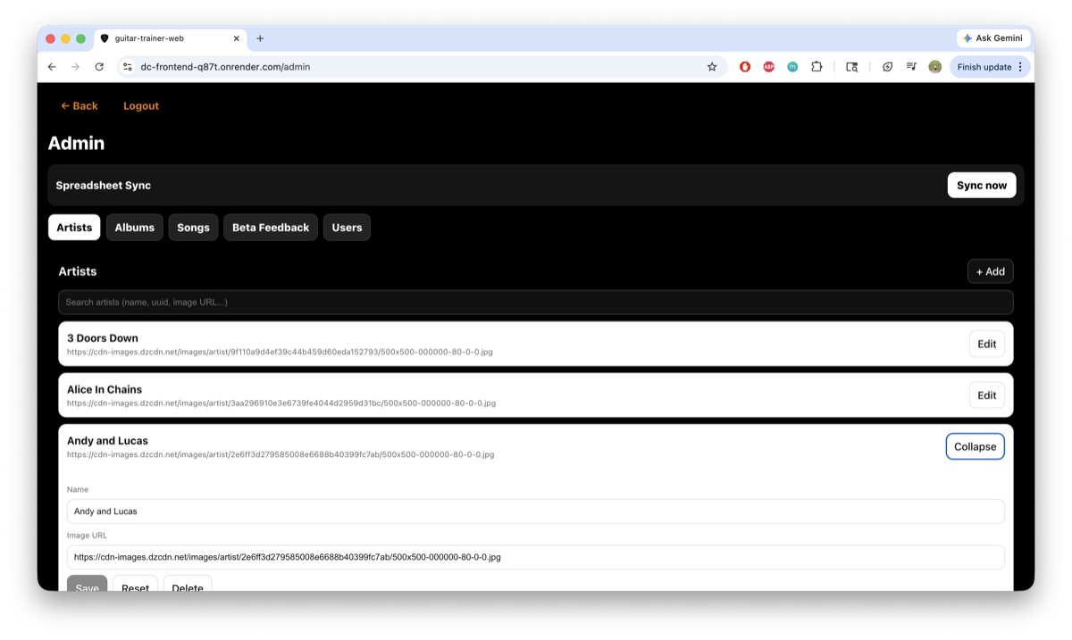 Admin dashboard for managing and syncing guitar tab content