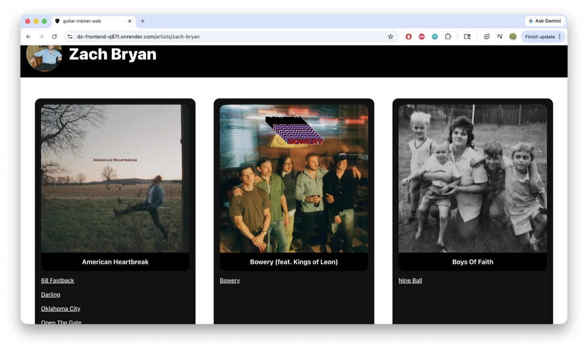 Artist page with albums and guitar lesson links