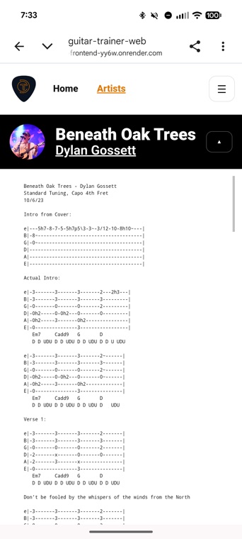 New mobile tab page with responsive guitar tab text