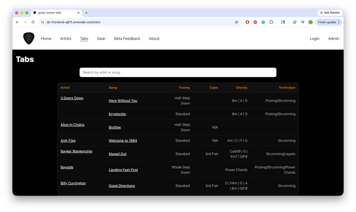 Searchable guitar tab library page