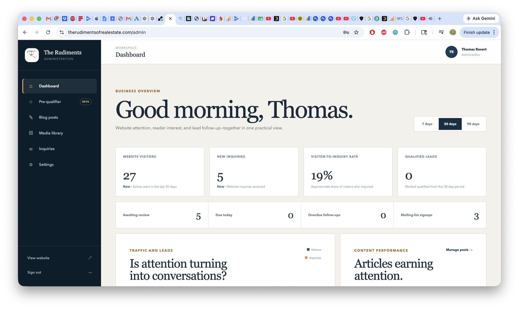 Private Rudiments of Real Estate admin dashboard showing website, inquiry, content, and follow-up information