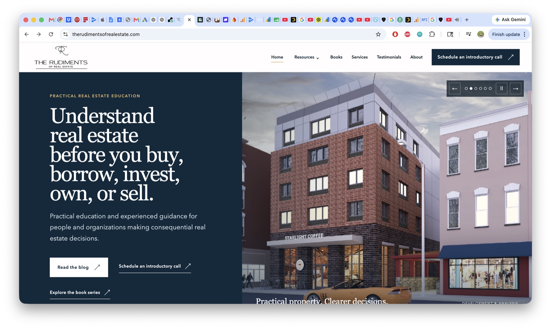The Rudiments of Real Estate homepage with navigation for resources, books, services, testimonials, and an introductory call