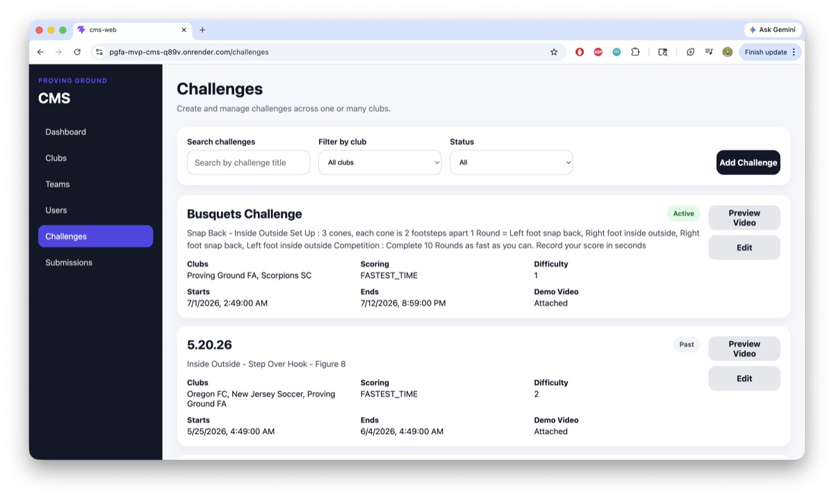Custom soccer organization dashboard for managing challenges and club workflows